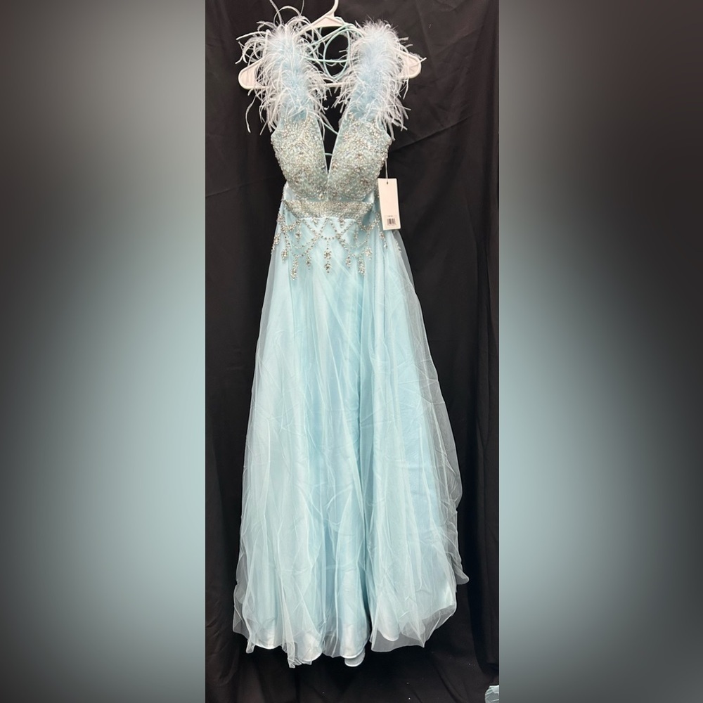 Mac Duggal 11796 NWT Elegant Light Blue Gown with Feather Details *Sample Dress